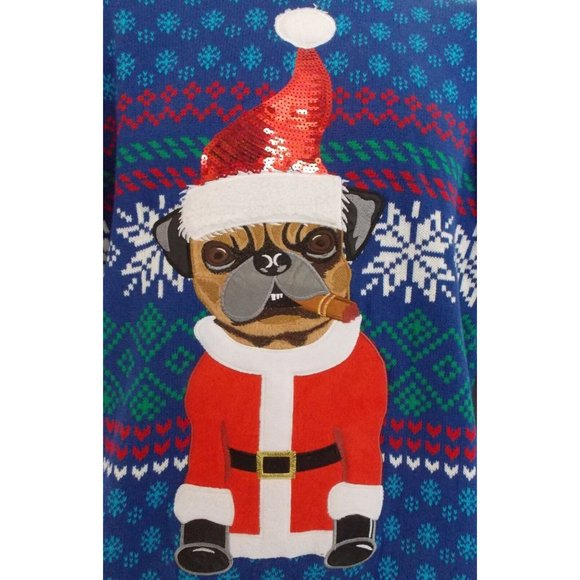 Blizzard Bay Pug Cigar Blue Ugly Christmas Sweater Choice Size Mens Unisex Plush - Picture 3 of 3